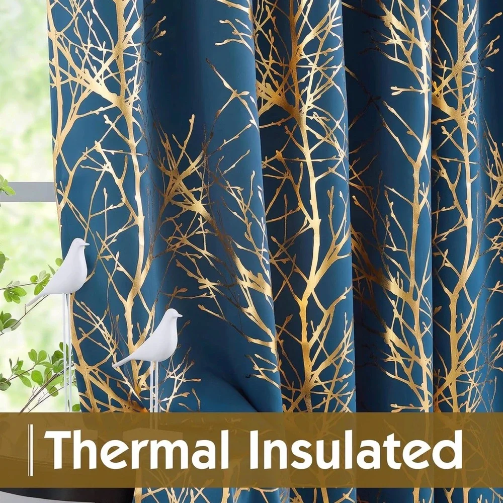 Dark Blue & Gold Foil Branch Window Curtains